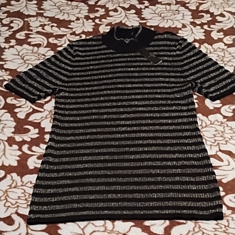 Tahari Metallic Silver & Black Striped Pullover